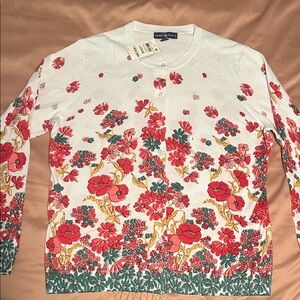 Karen Scott White Cardigan with Red and Green Floral Pattern